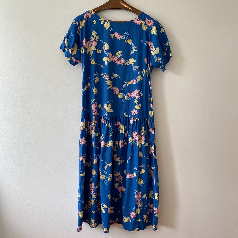 Reyn Spooner Drop Waist Midi Length Blue Floral Hawaiian Dress Womens Medium